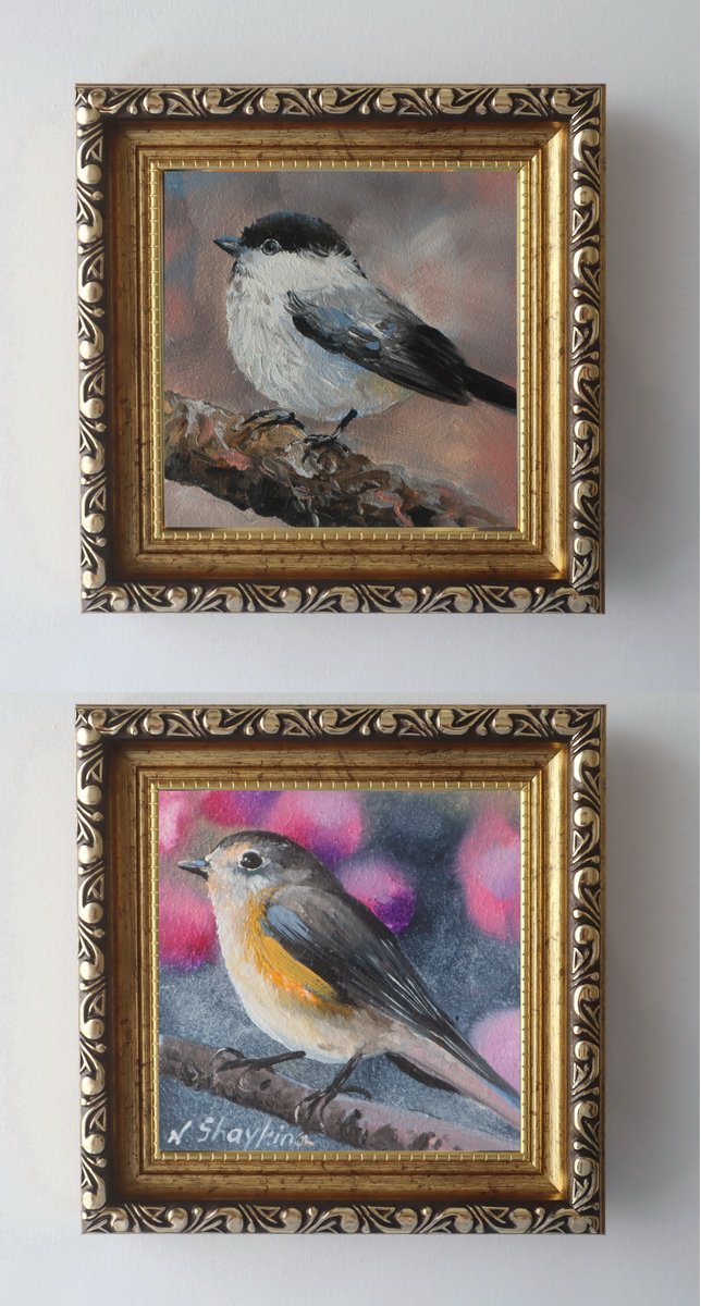 Impressionistic Animal Oil Painting By Natalia Shaykina, 5 X 5", Birds In Golden Frames, Original Artwork