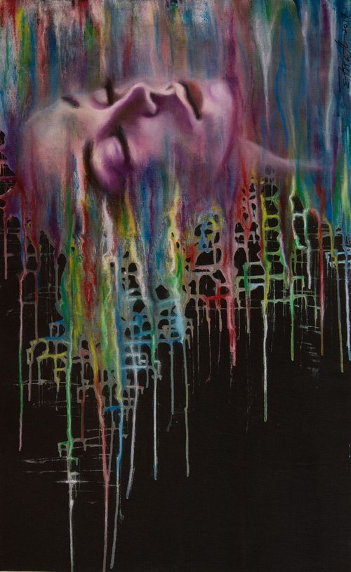 " Colored dreams" Original mixed media  painting on fabric 50x80x2cm.ready to hang by Elena Kraft