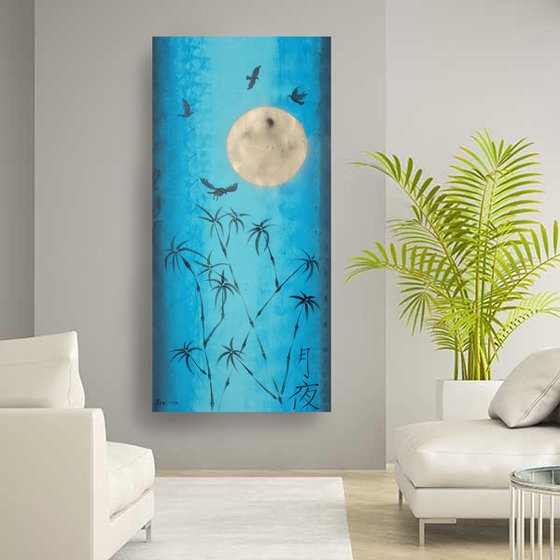 Japan Moon Night Turquoise gold painting 80×160 cm acrylic on unstretched canvas J097 art original artwork in japanese style