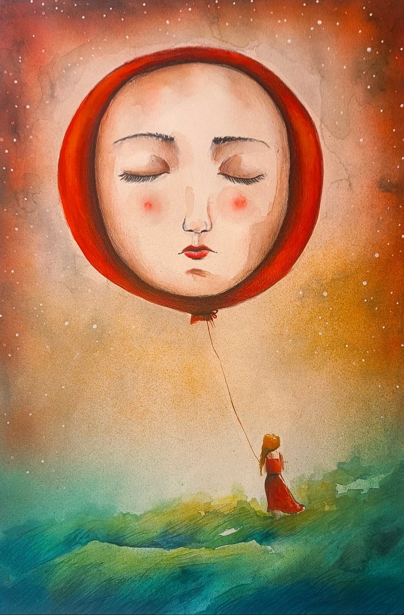 Surrealistic Portrait Painting By Evgenia Smirnova, 15 X 22, Weightless Thoughts, Original Artwork