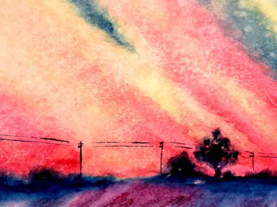 Abstract landscape Original Watercolor Painting Modern Skyscape Sunrise 17 by 12"