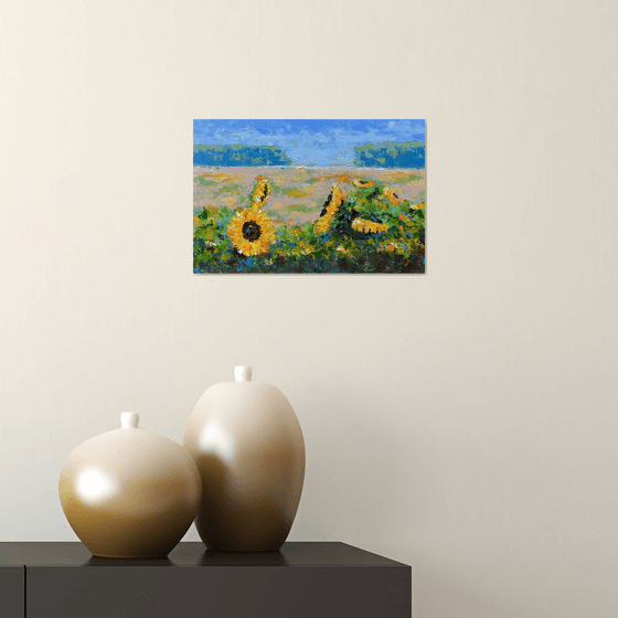 Sunflowers in the field. Original oil painting