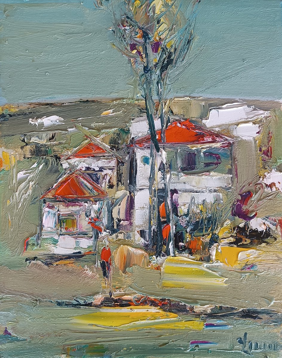 Impressionistic Landscape Oil Painting By Vlas Ayvazyan, 9 X 12", Village Of Red Roofs, Original Artwork