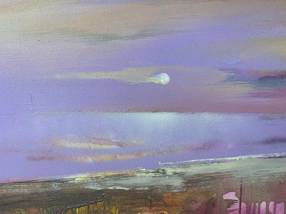 Bright horizontal painting - "Violet sunset" - Landscape - Expressionism - Seascape - Sunset