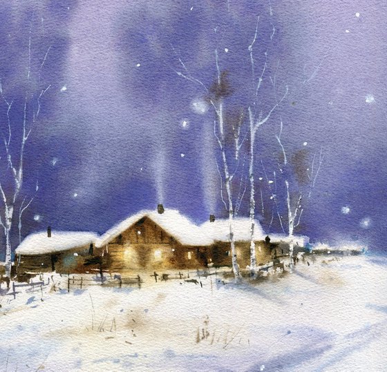 Evening in the village. Winter landscape. Original watercolor artwork.