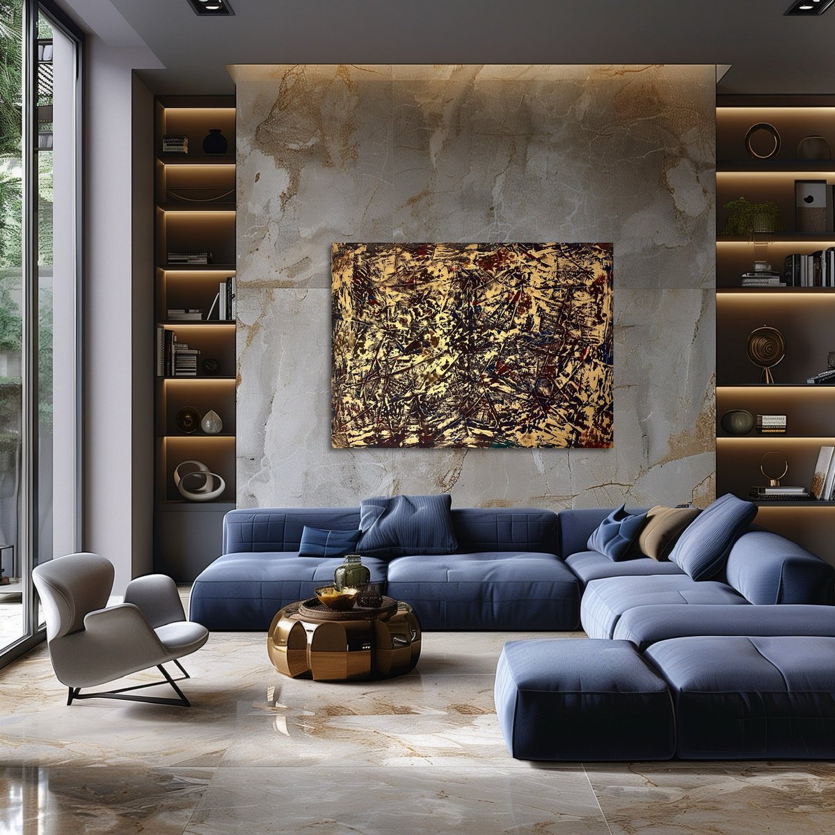 Geometric Abstract Acrylic Painting By Exclusive Arts, 59 X 43, Gold Leaf, Original Artwork