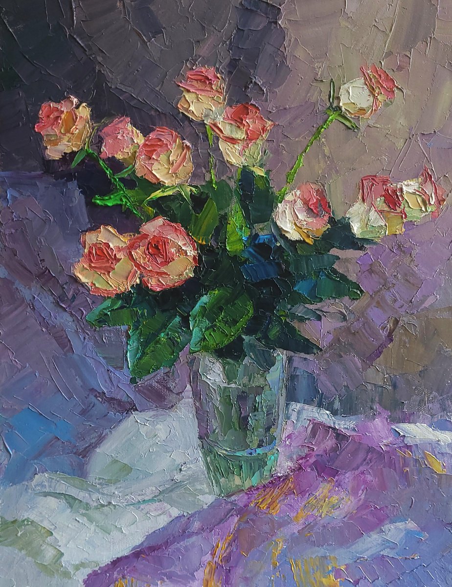 Impressionistic Still Life Oil Painting By Boris Serdyuk, 17 X 21, Roses In Crystal, Original Artwork