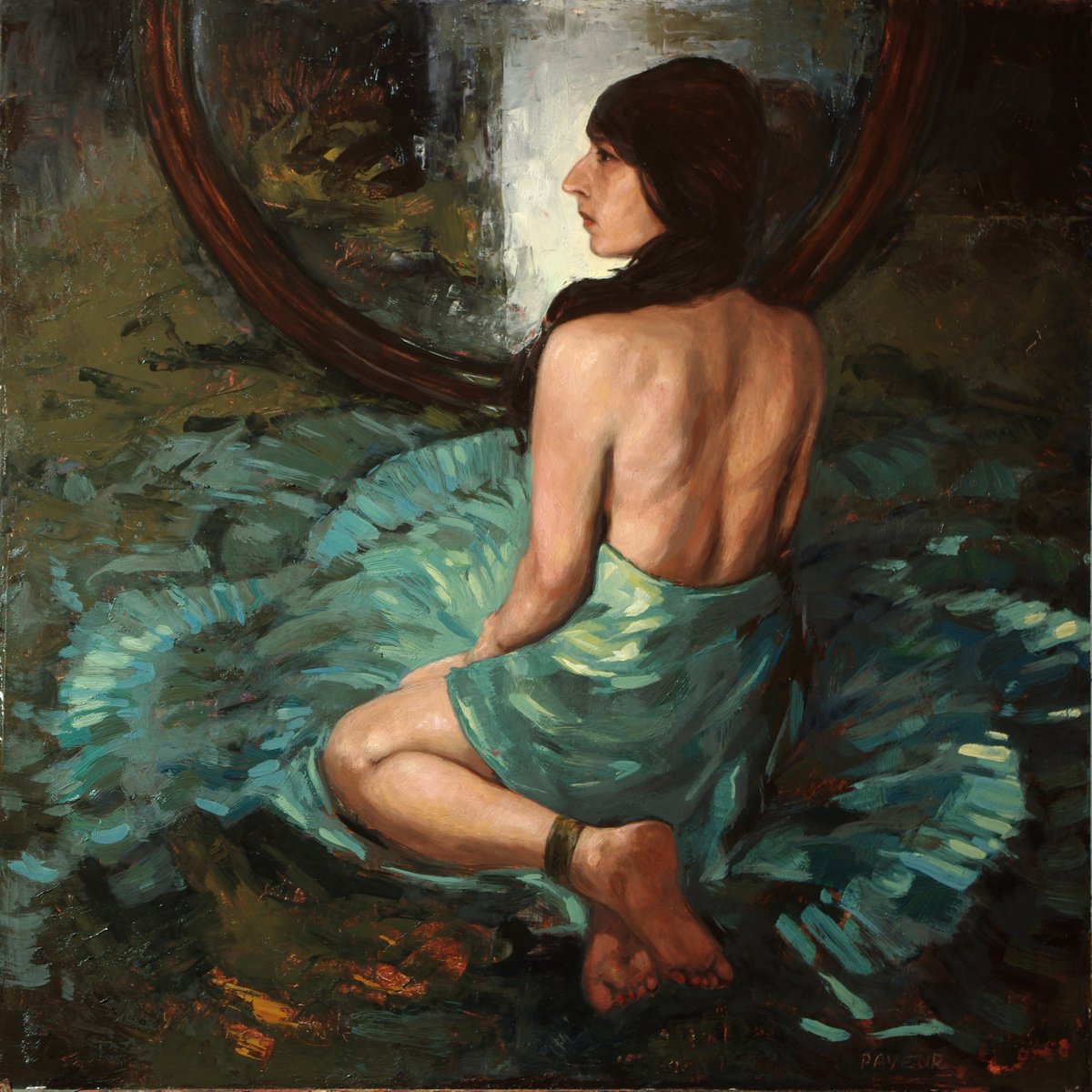 Impressionistic Portrait Oil Painting By Olivier Payeur, 28 X 28", Classic Woman In Blue, Original Artwork