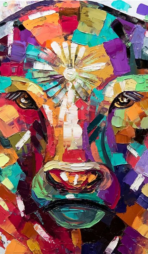 Bull Oil Painting, Animal Art Original Modern Textured Palette Knife by Lana Guise