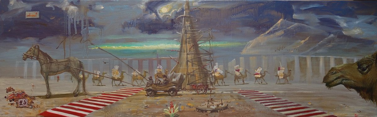 Surrealistic Landscape Oil Painting By Serhiy Roy, 31 X 10", Silk Road: Echoes Of Ancient Trade., Original Artwork