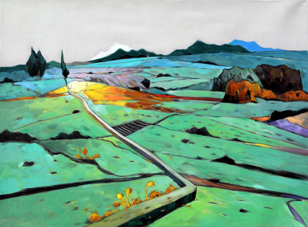 Impressionistic Landscape Oil Painting By Kunlong Wang, 32 X 24", Green Spring, Original Artwork