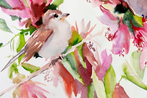 Sparrows and Spring Blossom