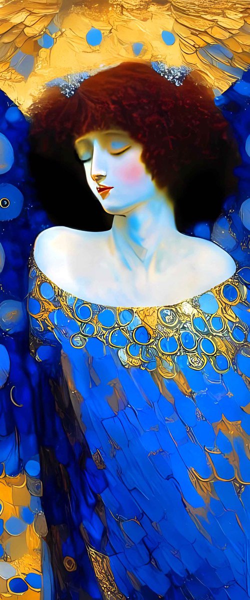 Angel. Large format 100 x 100 cm Original golden blue wall art on canvas. Original artwork for home decor by BAST