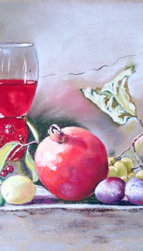 Pomegranate wine - a picture with pomegranate and grapes, a gift for a "pomegranate wedding" by Liubov Samoilova