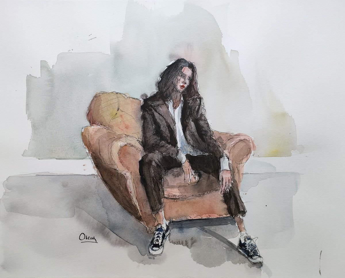 Impressionistic Portrait Watercolour By Oscar Alvarez Pardo, 20 X 16", W-Nn32, Original Artwork