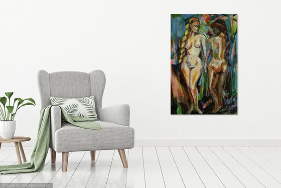 ONE SUN FOR TWO - Gemini zodiac sign- large nude art, original oil painting, two girls nudes, figurative, love, lovers, sun, erotic, erotism, office interior home decore  180x120