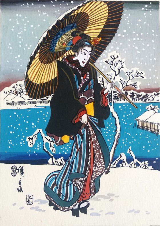 Young woman with umbrella and snow