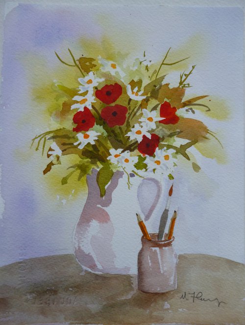 Still Life with Poppies and Daisies by Maire Flanagan