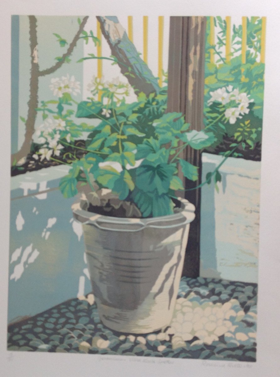 Botanical Linocut By Rosalind Forster, 15 X 21", Geraniums Villa Koula Spetses, Original Artwork