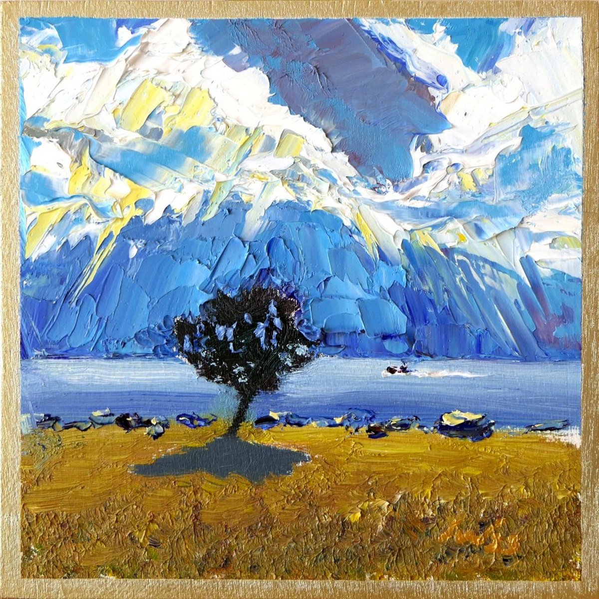 Sun Rays over Garda Lake, Italy Landscape, Small Oil Painting by Ion Sheremet