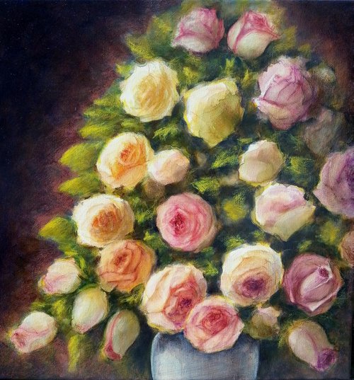 Bunch of roses - Still life - classical floral - bouquet - flower - fine art by Fabienne Monestier