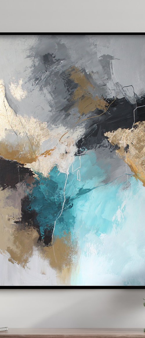 "Blue Rime" Abstract teal gray gold art by Yana Sagan