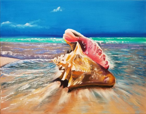 Seashell. Sea Rapan. Christmas Gift. New Year Gift. Original Oil Painting on Canvas. Sea Landscape. Tropical. Sky and Sea. Wall Art. Home Decor.