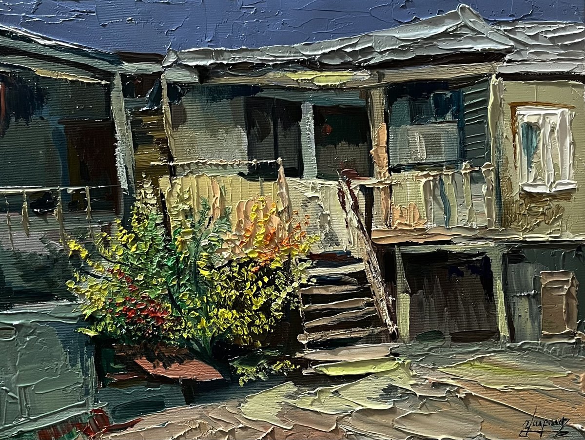 Impressionistic Landscape Oil Painting By Vahe Bagumyan, 16 X 12", The Quiet Yard, Original Artwork