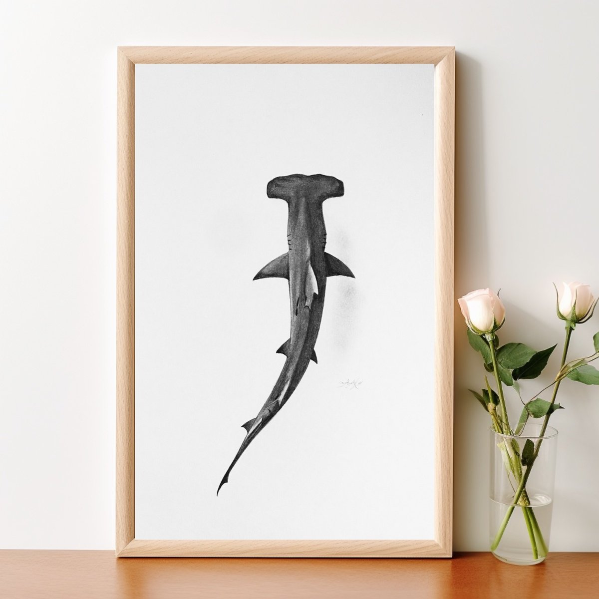 Photorealistic Animal Pencil Drawing By Amelia Taylor, 8 X 12, Hammerhead Shark, Original Artwork