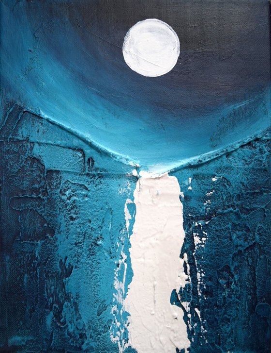 Turquoise moonscape water in acrylic and mixed medium abstract landscape