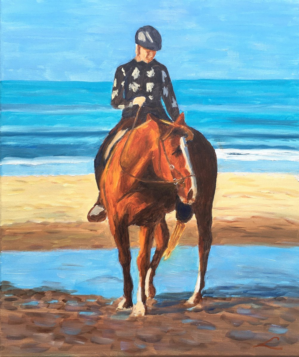 Impressionistic Animal Oil Painting By Elena Sokolova, 18 X 22, Sea Walk 3, Original Artwork