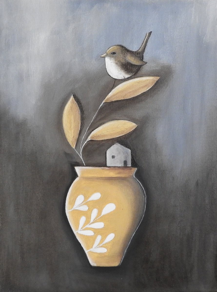 Illustrative Botanical Oil Painting By Silvia Beneforti, 12 X 16", The Vase And The Bird, Original Artwork