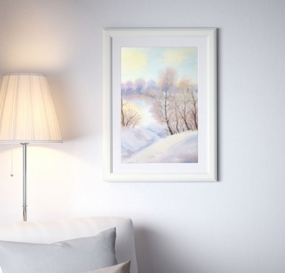 Winter Landscape - Snow Art Original Watercolor Painting - winter landscape -  snowdrifts - trees