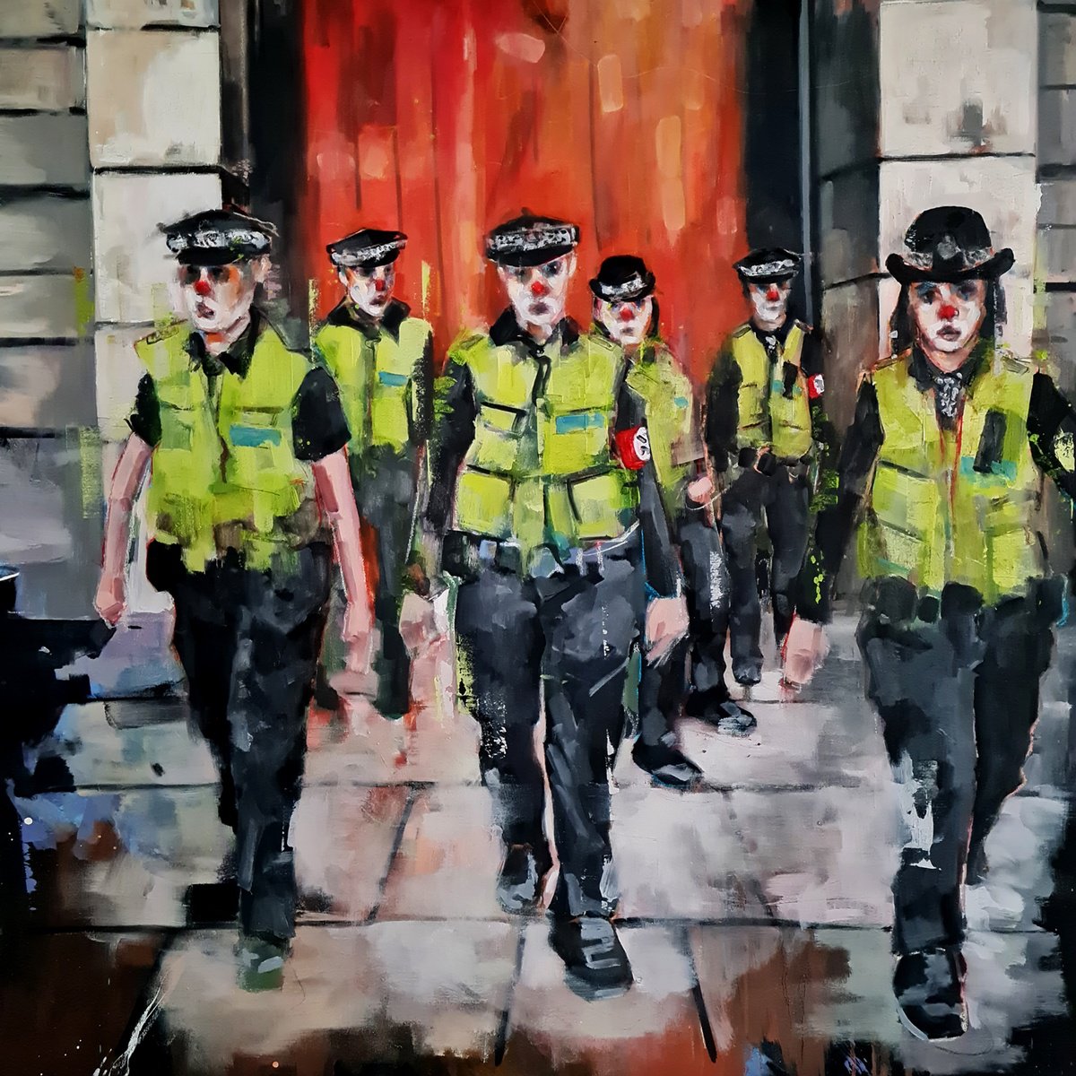 Expressive Oil Painting , Tyranny Clowns 9-12-23 By Thomas Donaldson, 47 X 47, Artwork For Sale On Artfinder