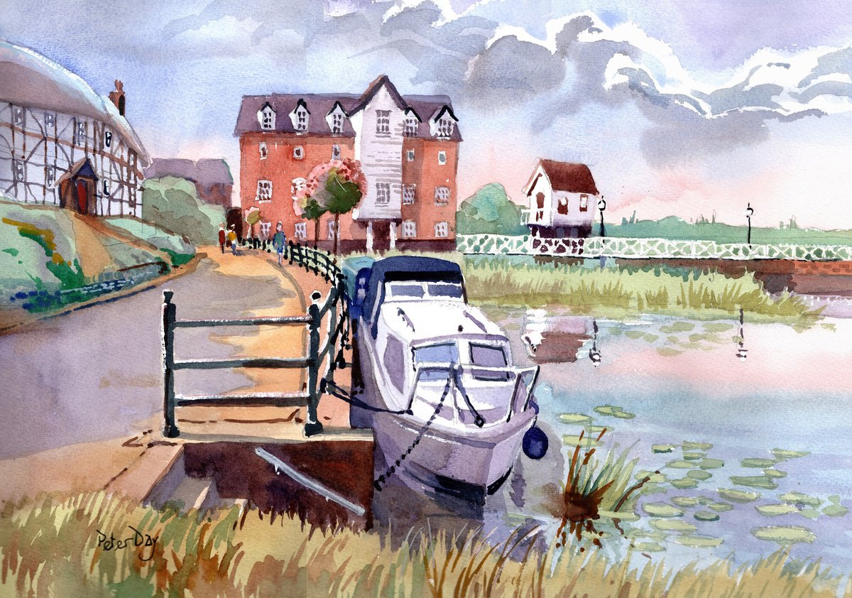 Impressionistic Landscape Watercolour By Peter Day, 17 X 13", Water Mill, Tewkesbury, Original Artwork