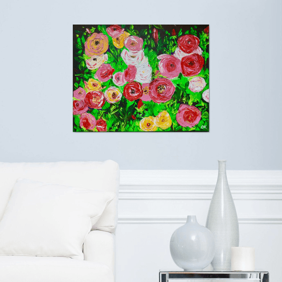 WHITE PINK YELLOW RED  ROSES IN A GARDEN palette knife modern still life  flowers office home decor gift