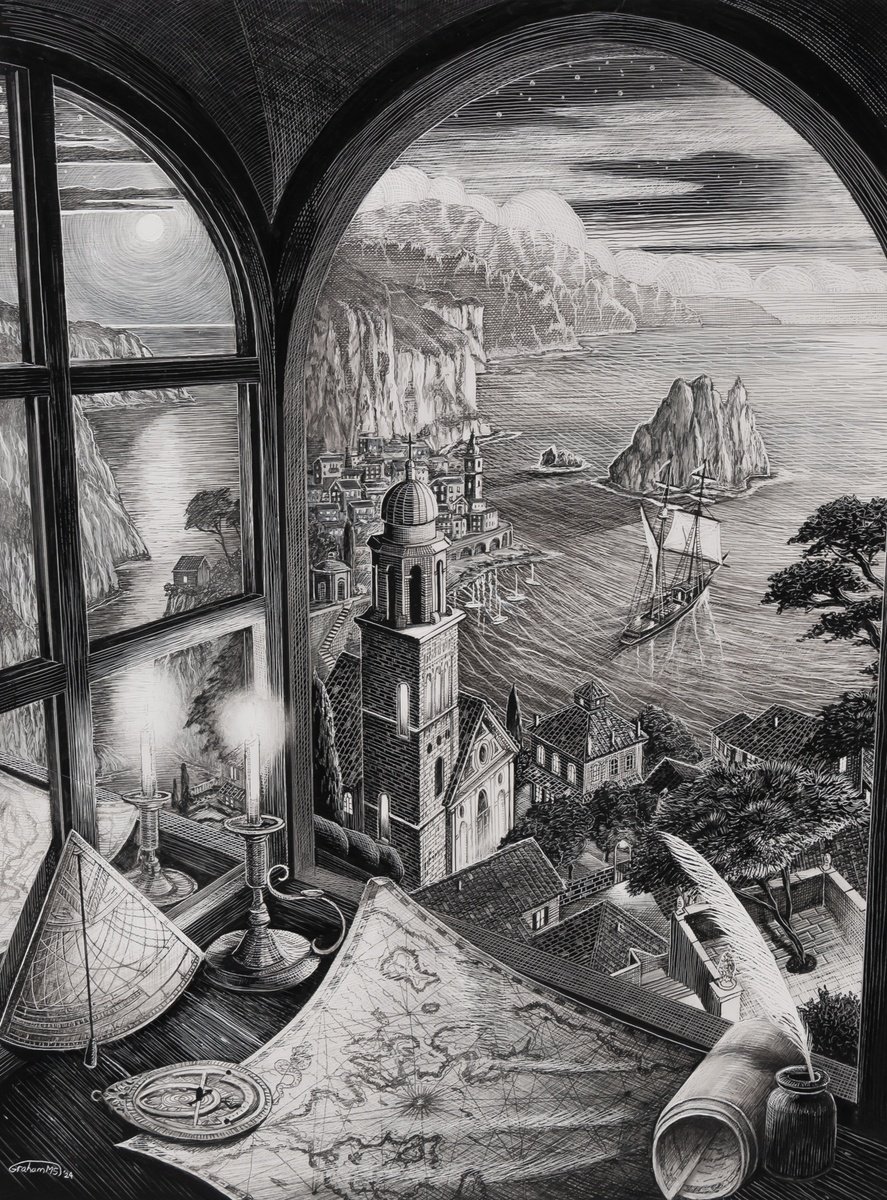 Illustrative Landscape Ink Drawing By Graham Mckenzie-Smith, 12 X 16, Adventure Is Out There, Original Artwork