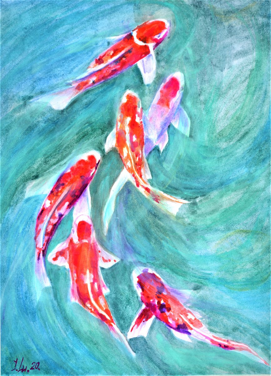 Impressionistic Animal Watercolour By Elena Lukina, 12 X 16, Red Koi Fish, Original Artwork