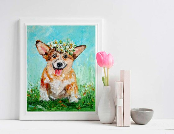 Summer Smile, Smiling Corgi Painting Original Art Dog Artwork Pet Portrait Floral Daisies Wreath Wall Art