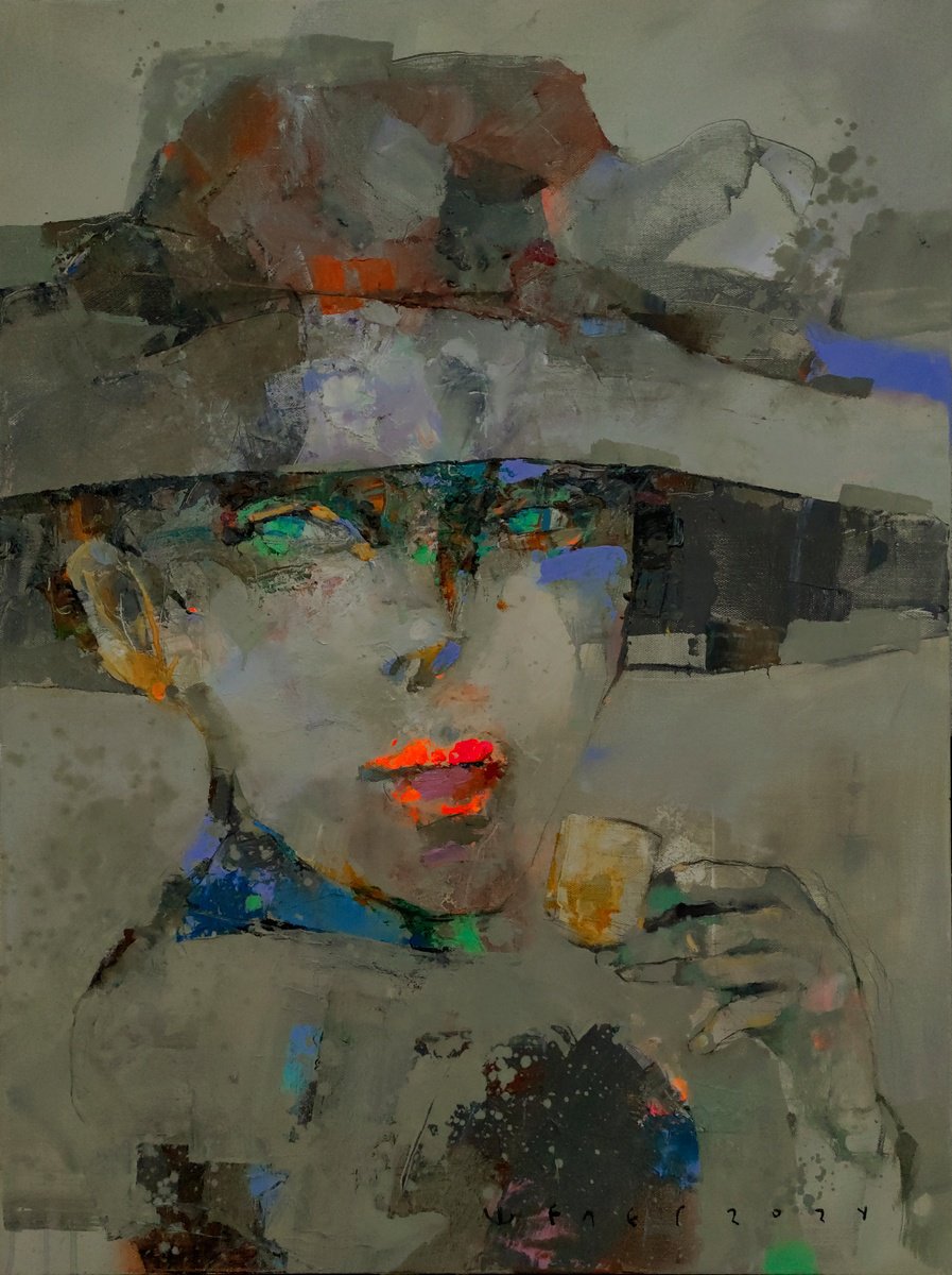 Expressive Portrait Oil Painting By Victor Sheleg, 24 X 31", Morning Espresso, Original Artwork