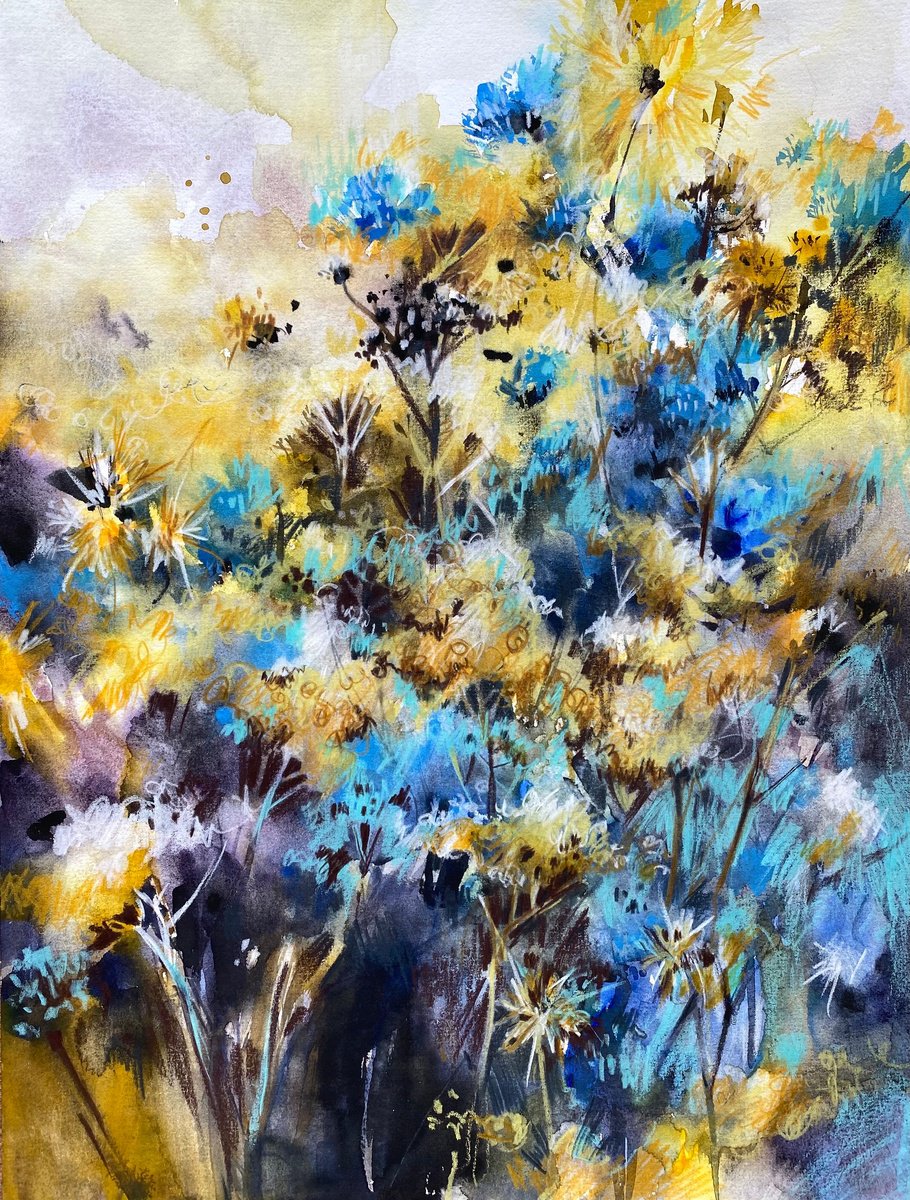 Blue and Yellow Herbs - mix-media painting by Anna Boginskaia