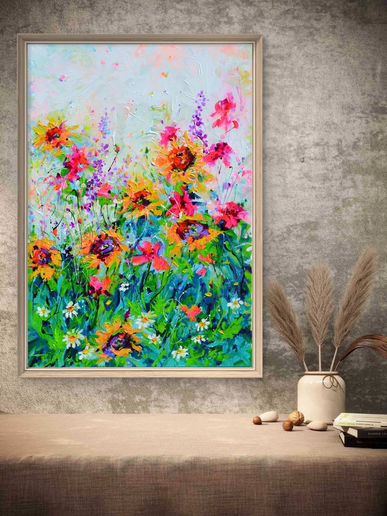 Vibrant Sunflowers and Poppies Landscape