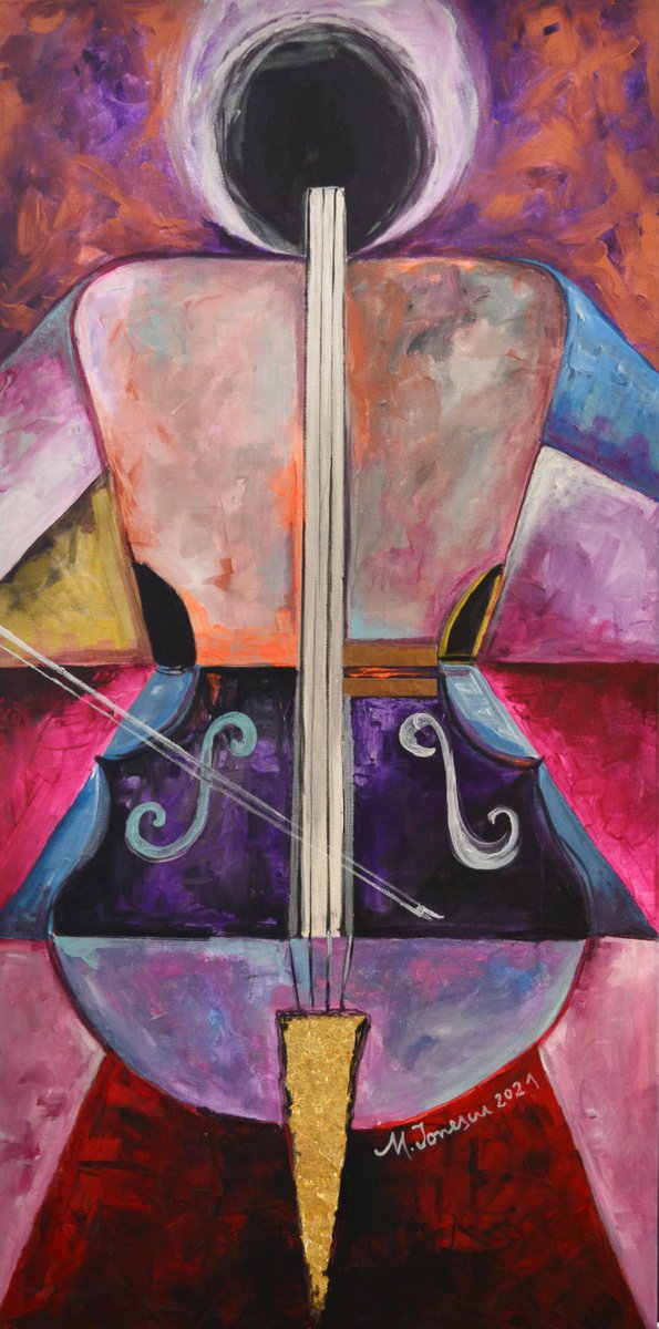 Geometric Portrait Painting By Mihaela Ionescu, 20 X 39", The Music Player, Original Artwork