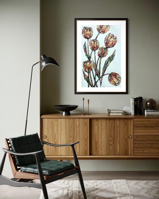 AMBER CRYSTAL TULIPS ON A SOFT BLUE