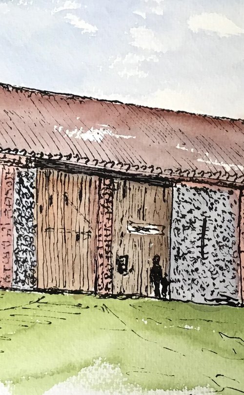 Old Flint Barn - Ink and Watercolour drawing by Julian Lovegrove Art