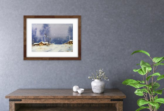 Evening in the village. Winter landscape. Original watercolor artwork.