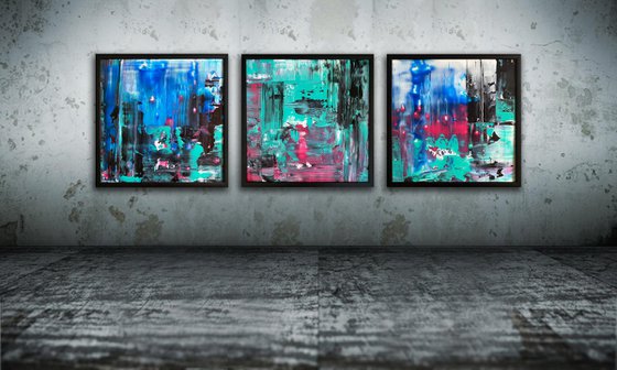 "Night Walkers" - Save As A Series - Original PMS Abstract Triptych Acrylic Paintings On Plexiglass, Framed - 78" x 26"