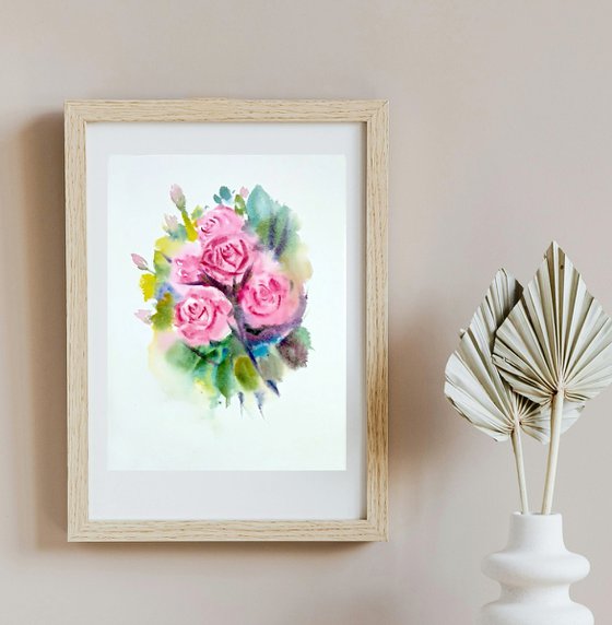 Five pink watercolor Roses
