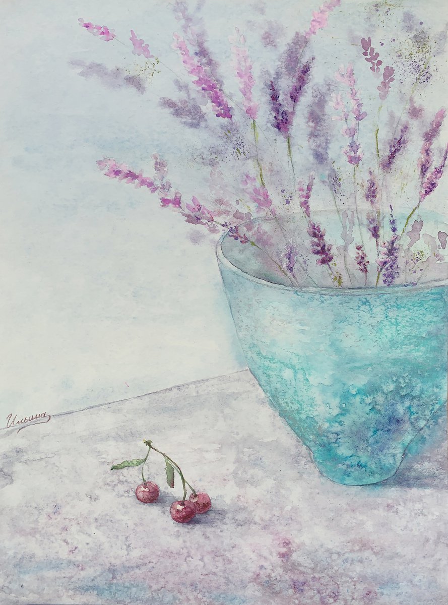 LAVENDER WITH CHERRY FLAVOR - pastel and watercolor drawing on paper, original gift, purpl... by Tatsiana Ilyina