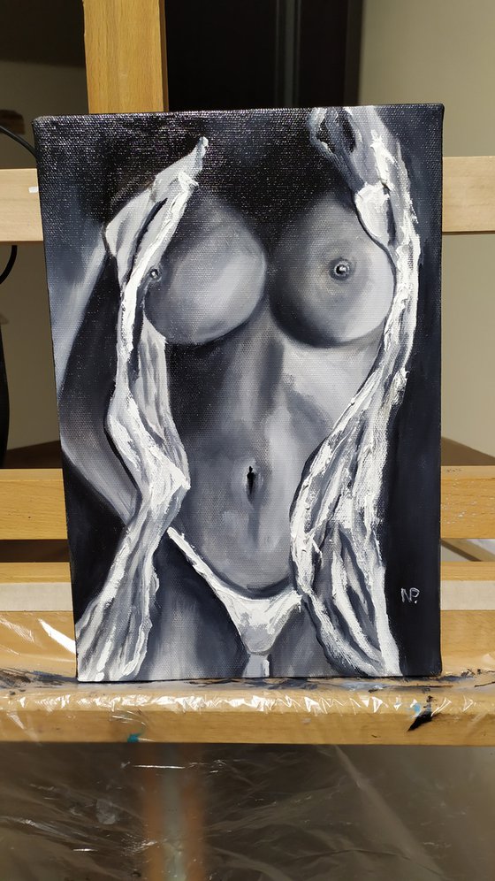 Hot girl, original erotic nude black and white oil painting, gift idea